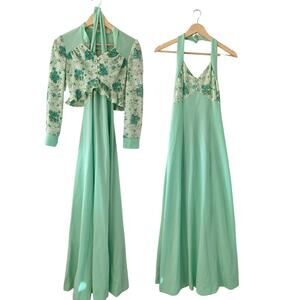 Vintage 1970s  Mint Green Floral Halter Maxi Dress with Jacket Union Made